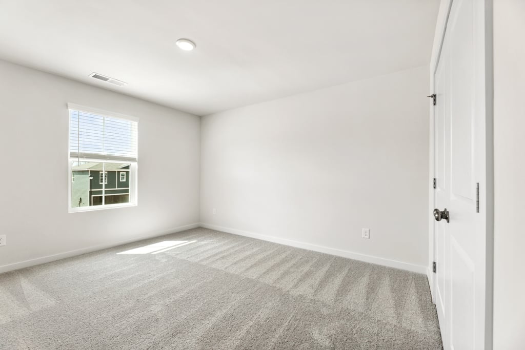 A room with a carpet and windows.