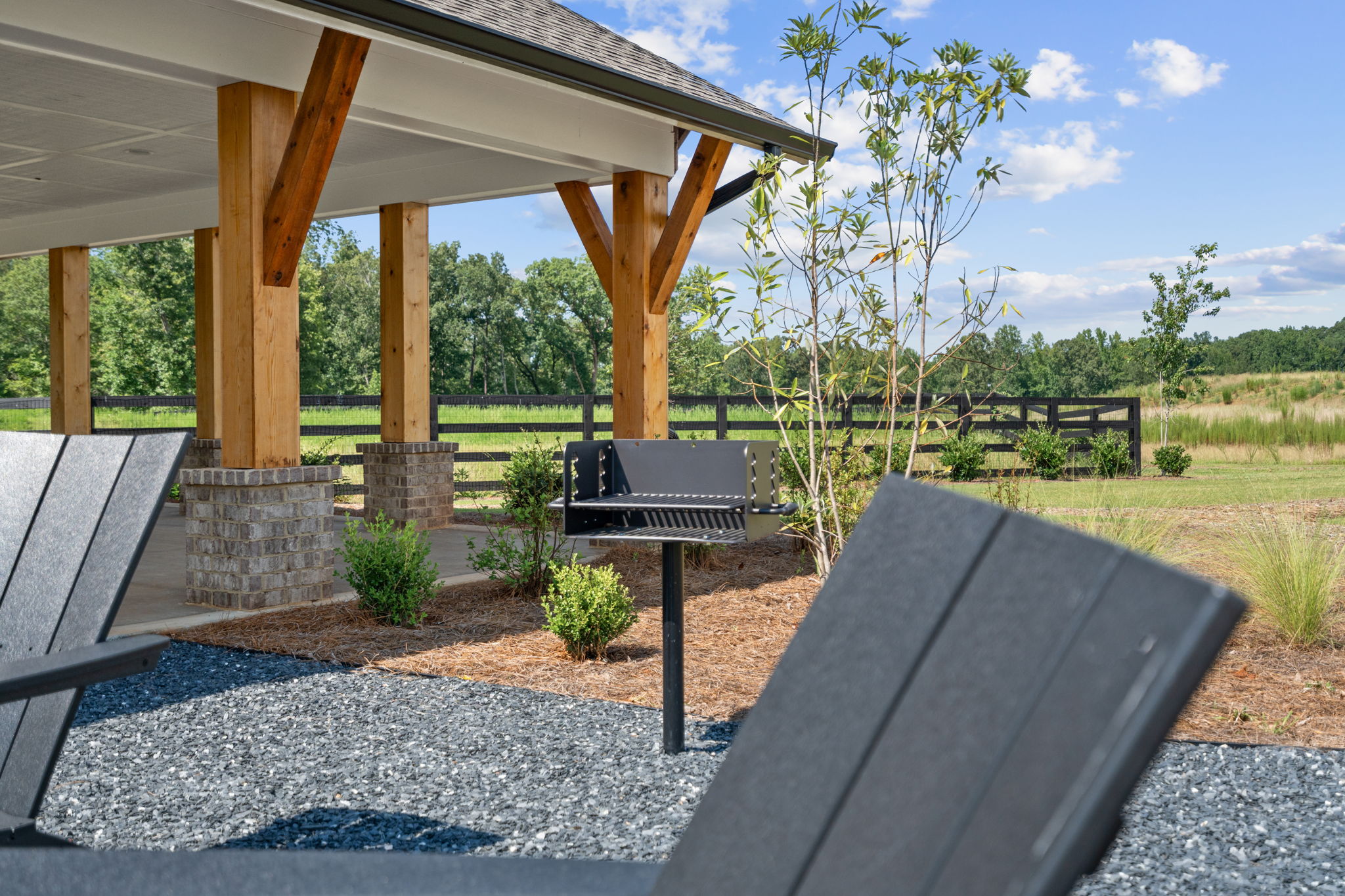 A picnic table and bench.