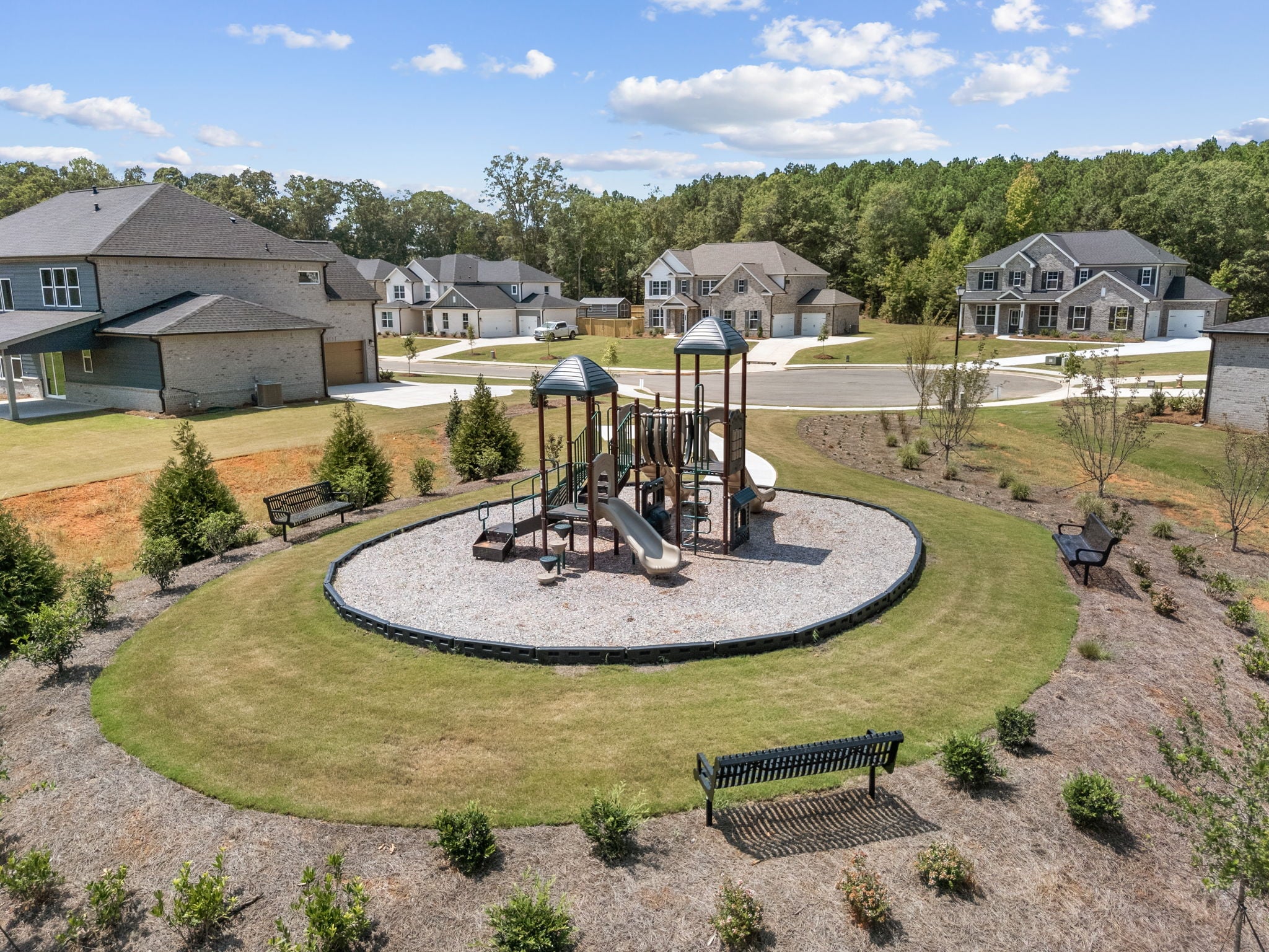 A small park with a fountain.