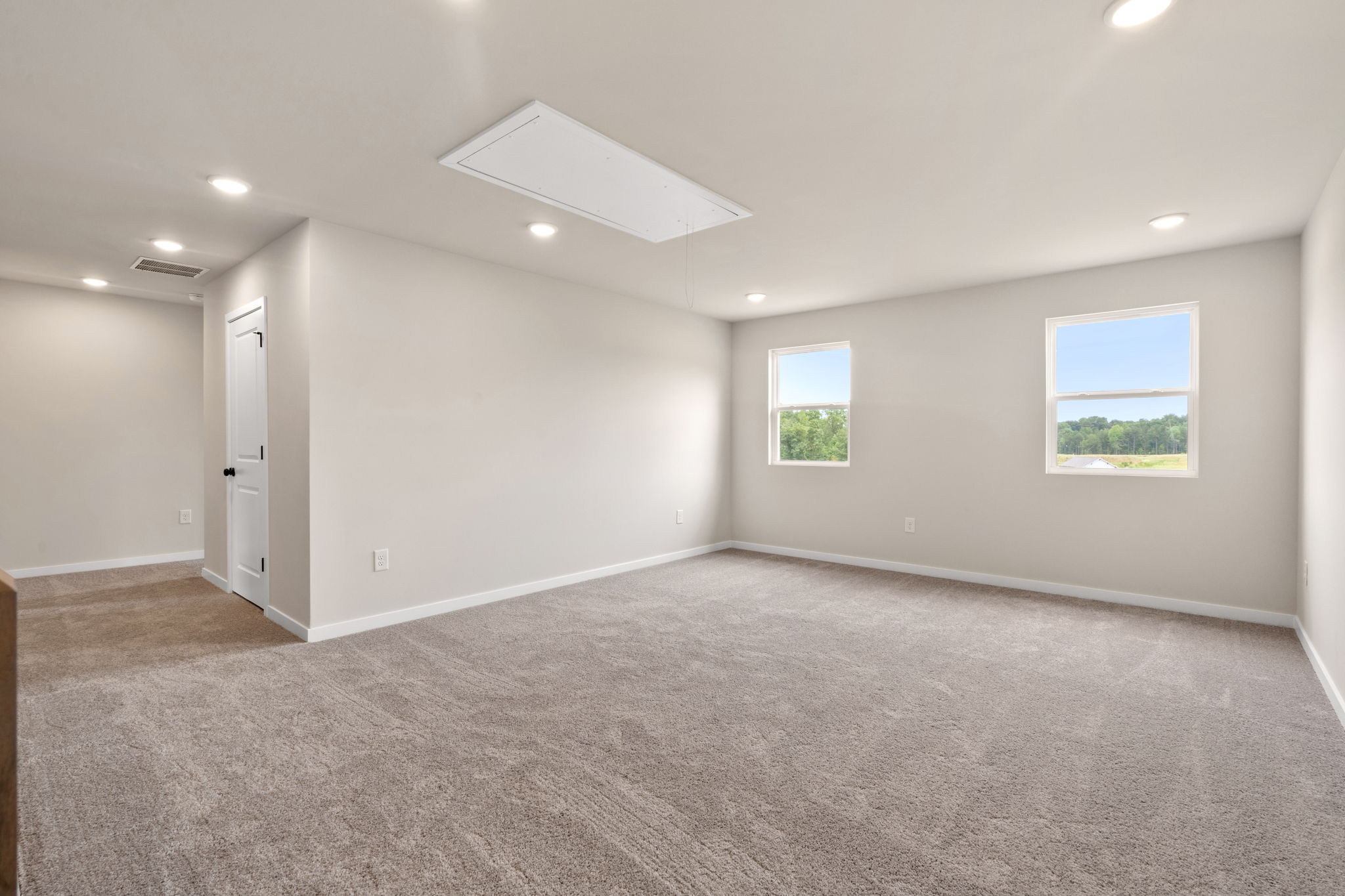 A room with a carpet and windows.