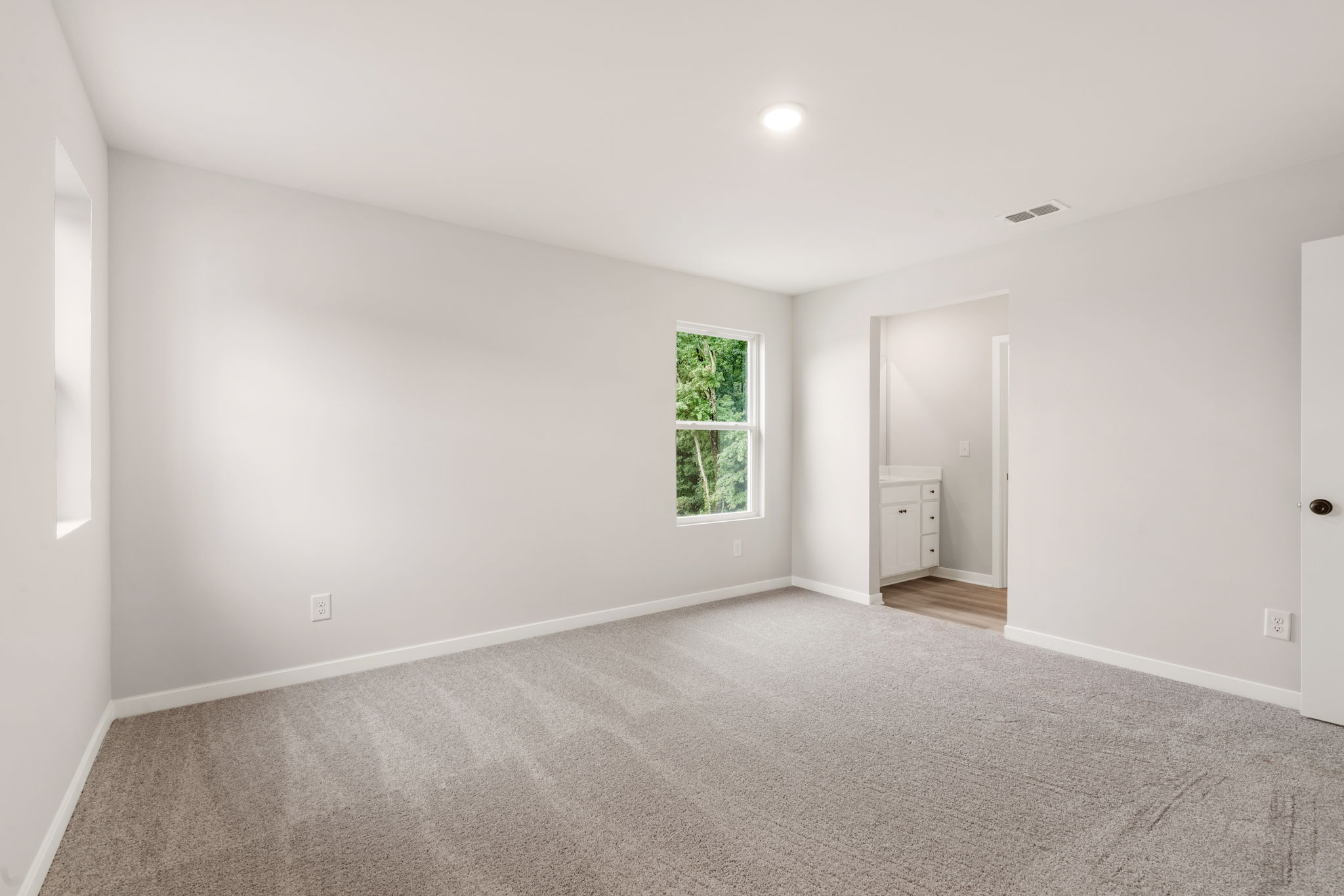 A room with a carpet and a window.