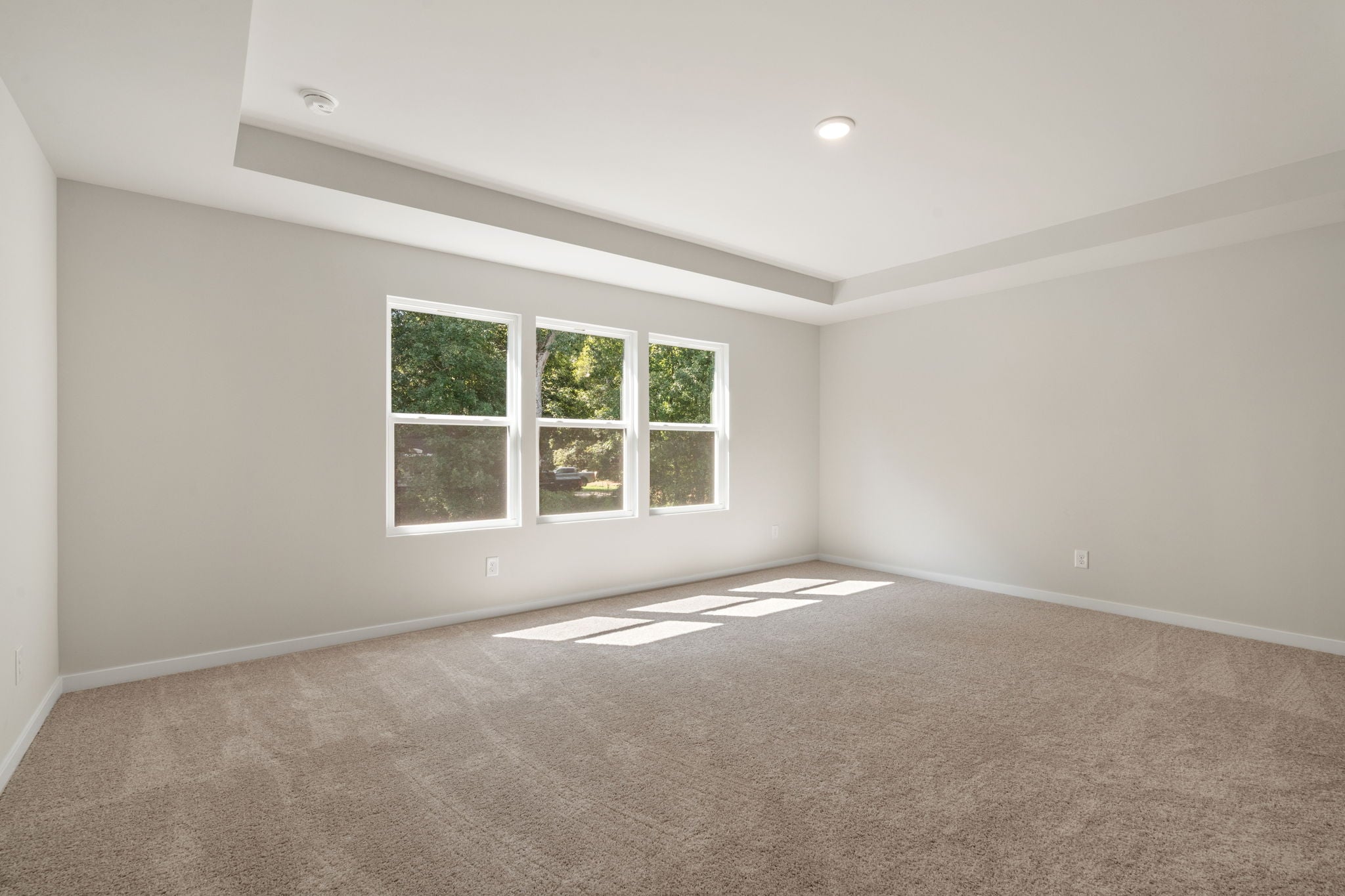 A room with a carpet and a window.