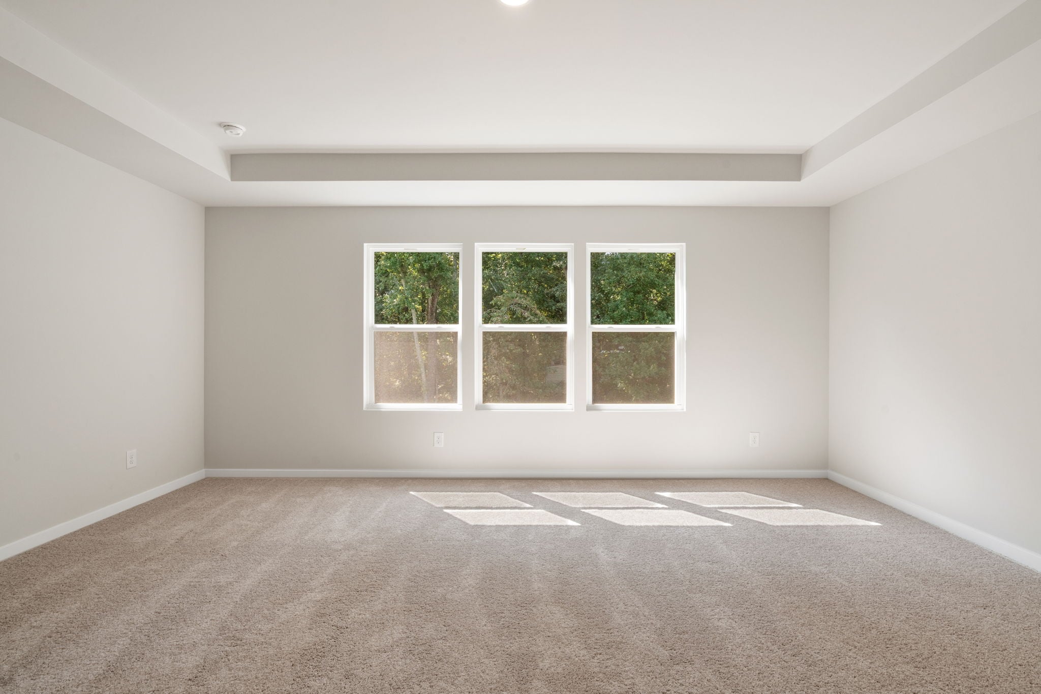 A room with a window and a carpet.