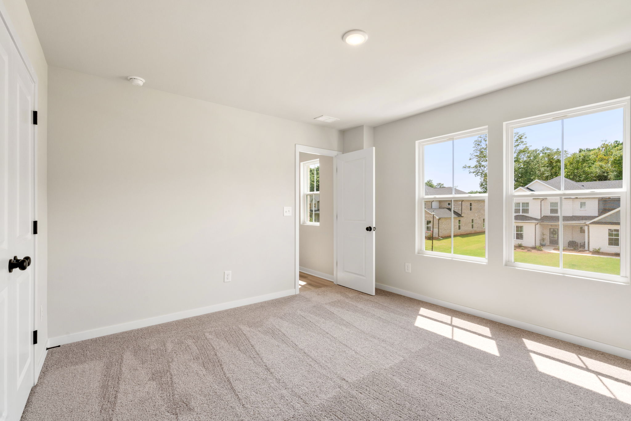 A room with a carpet and windows.