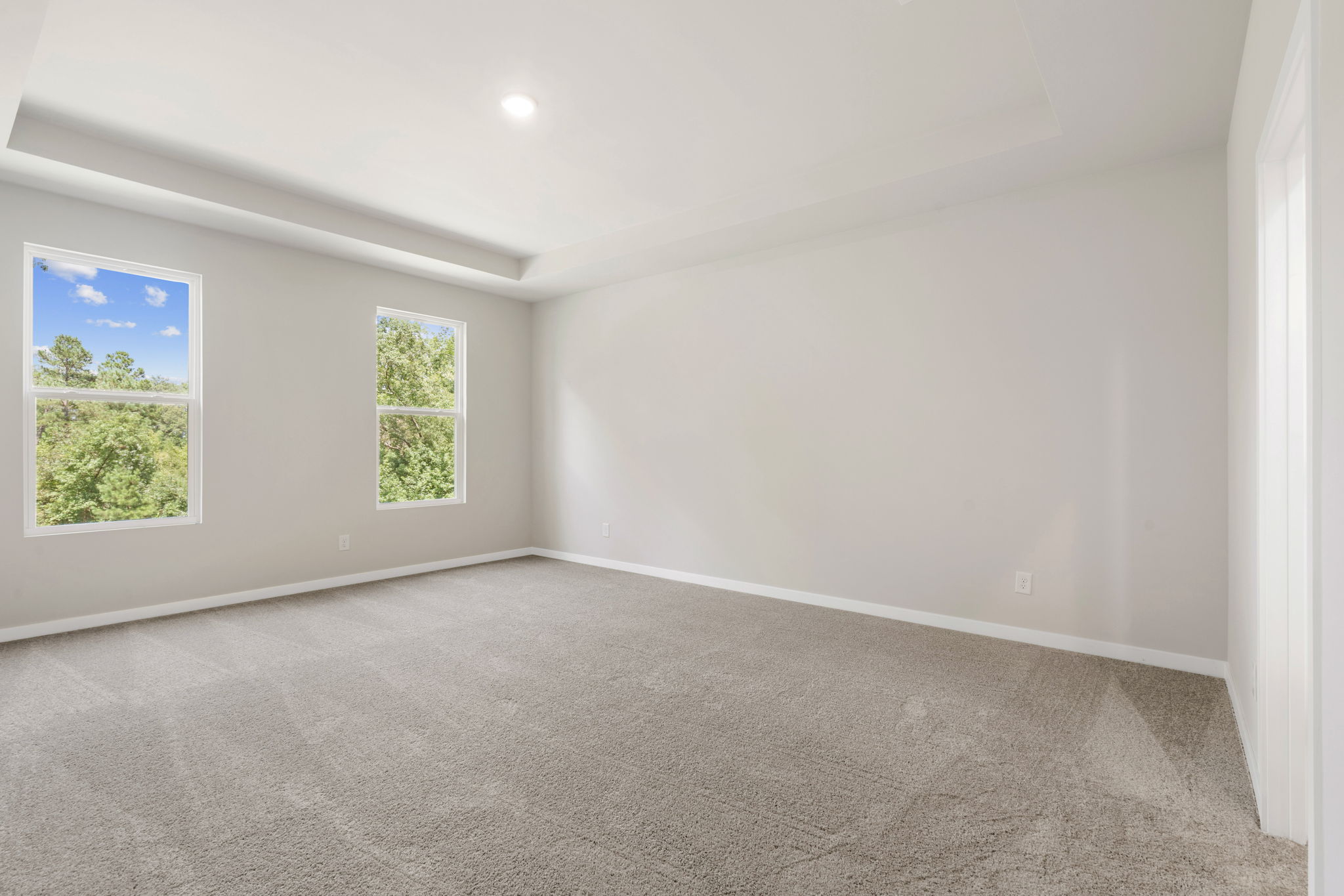 A room with a carpet and windows.