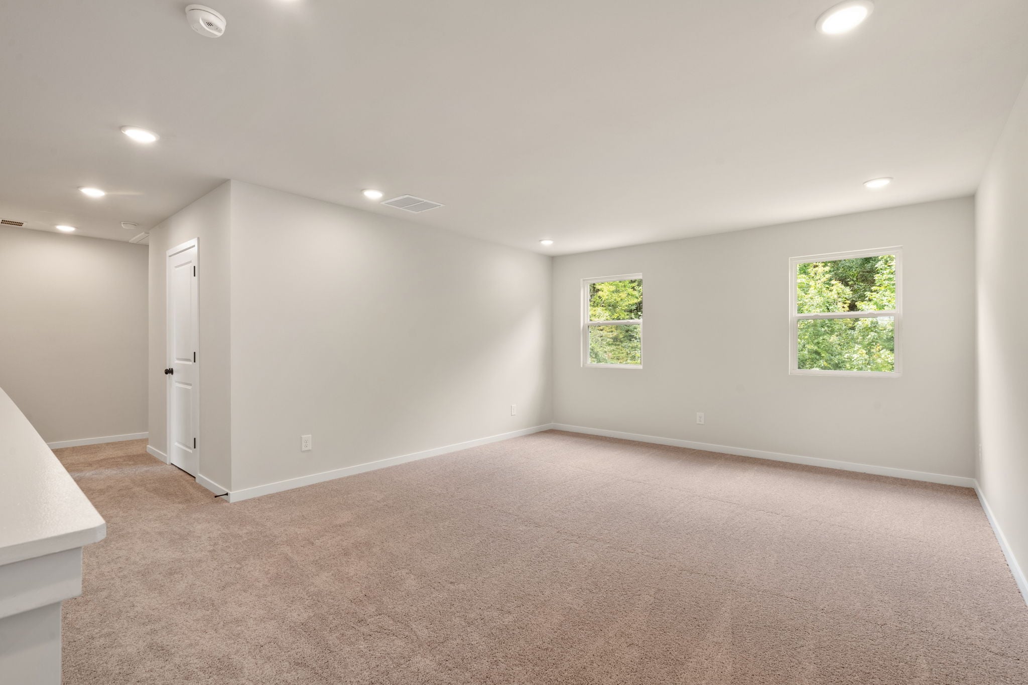 A room with a carpet and windows.