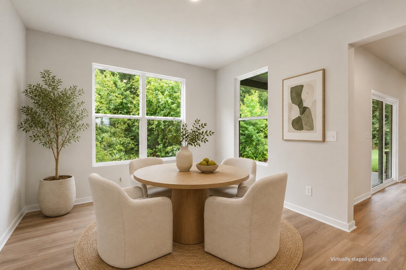 A living room with a table and chairs.