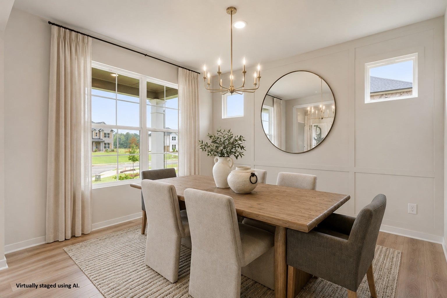 A dining room table with chairs.