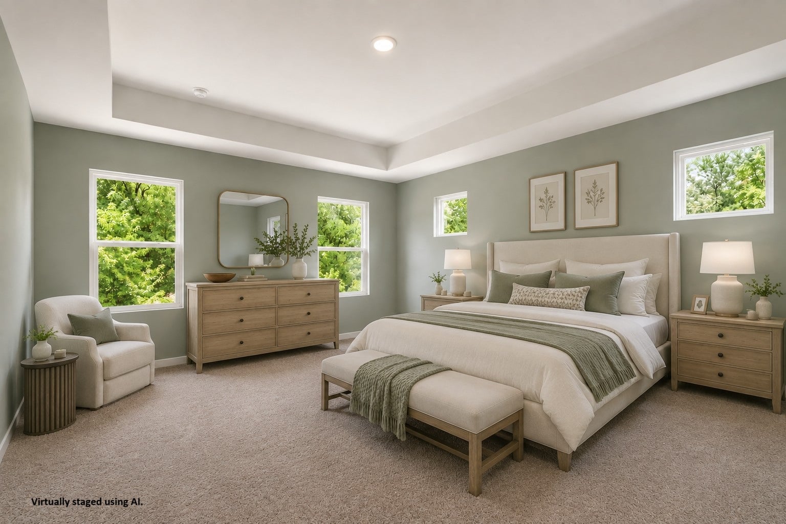 A bedroom with a bed and a chair.