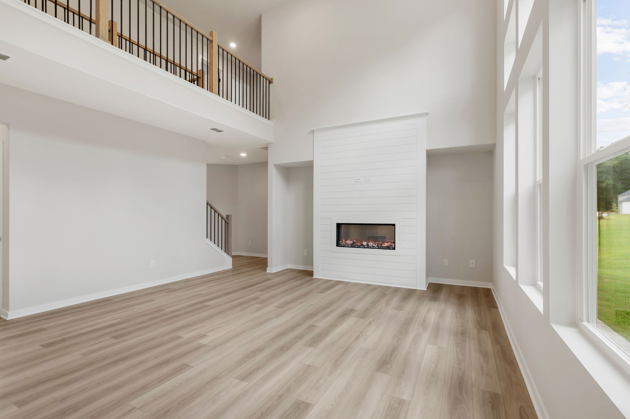A room with a fireplace.