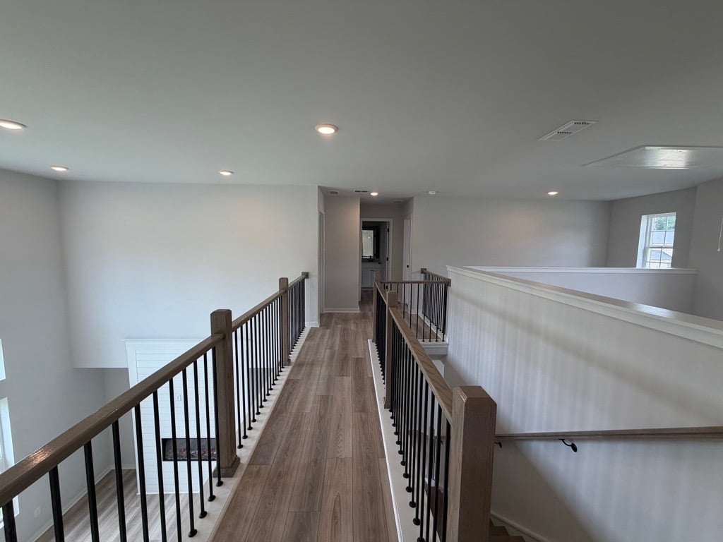 A long wooden staircase.