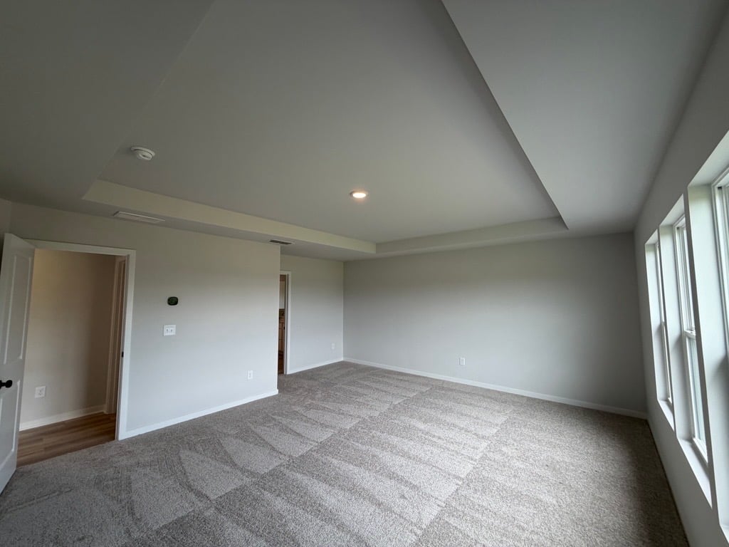 A room with a carpet and a door.