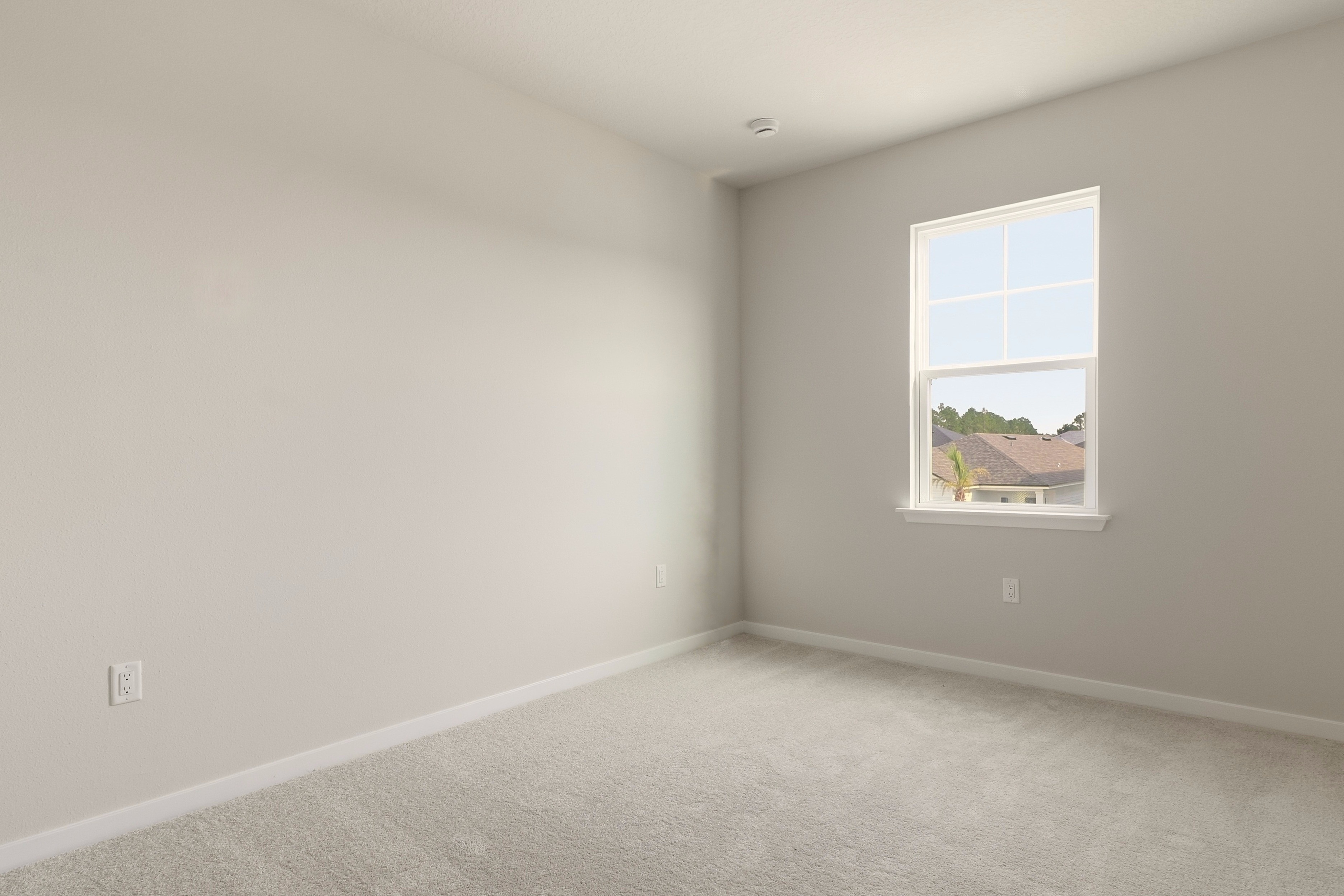 A room with a window and a carpet.