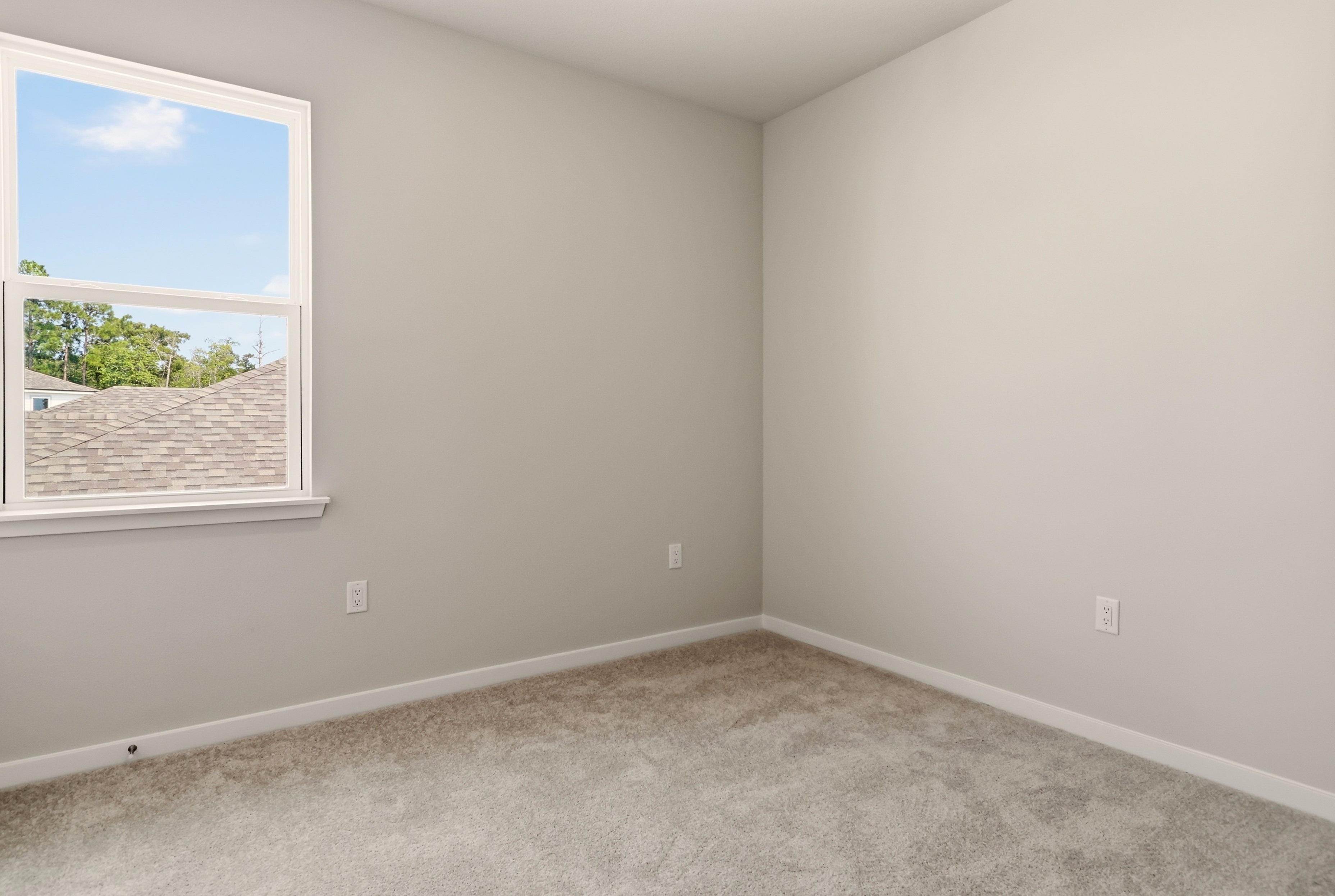 A room with a window and a carpet.