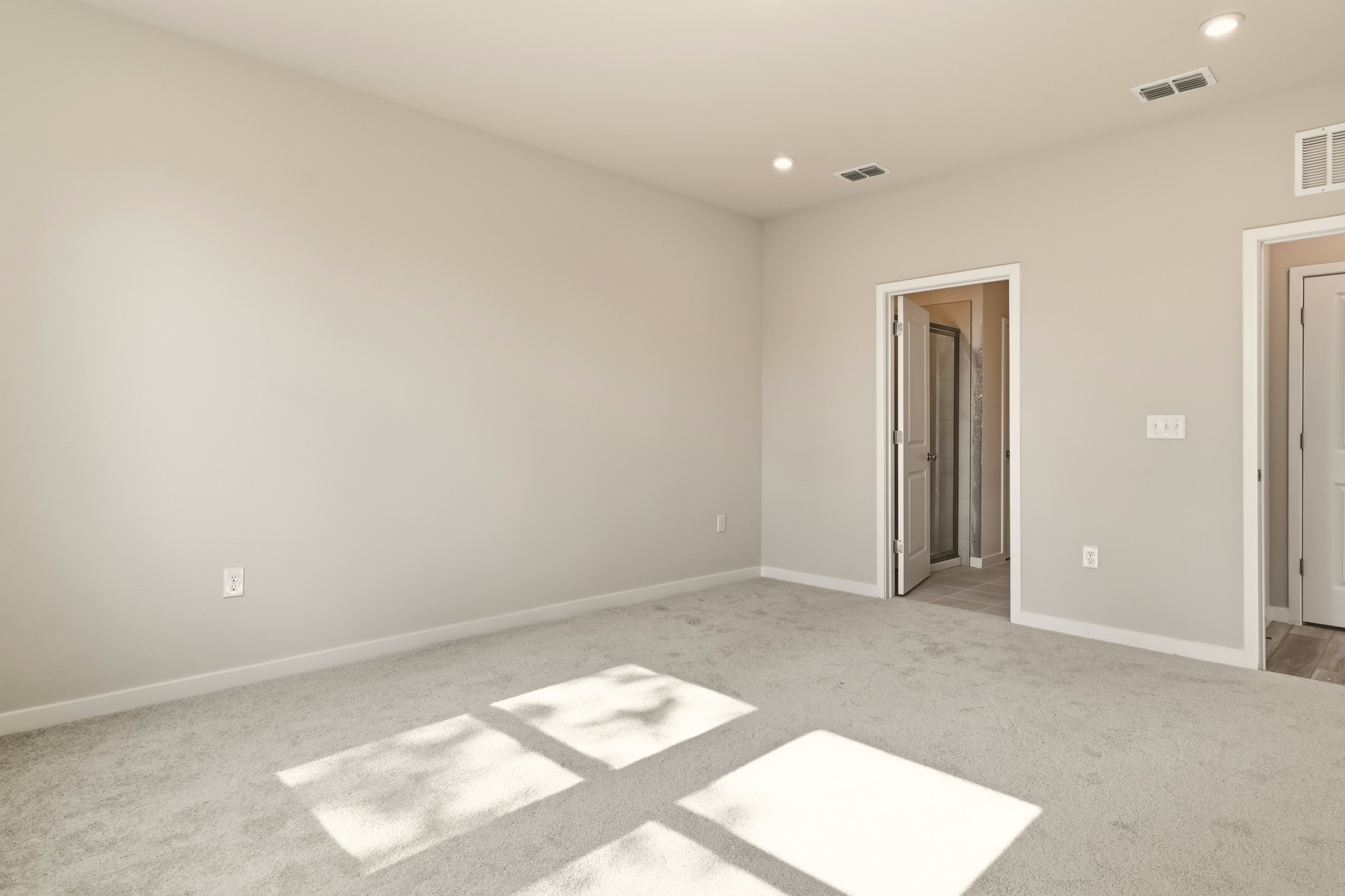 A room with a rug and a door.