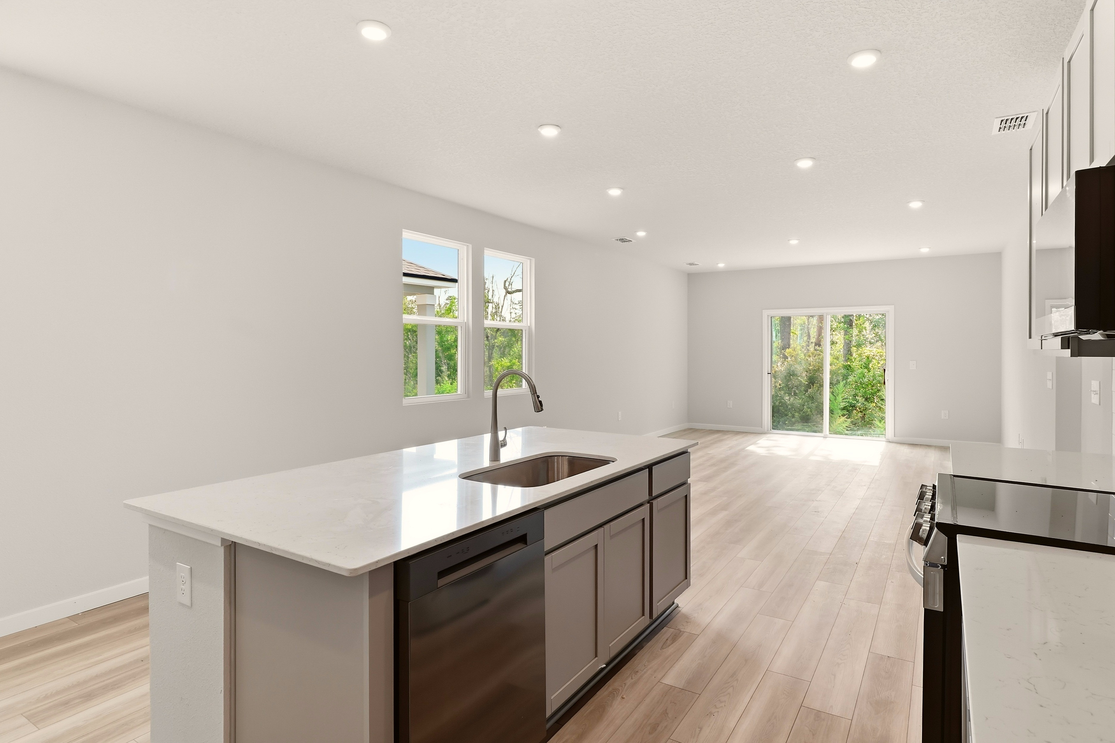 A kitchen with a large island.