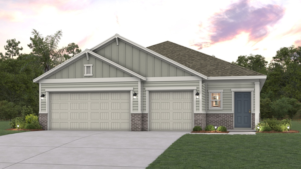 A house with garages and trees.