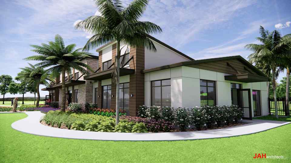 A building with palm trees.