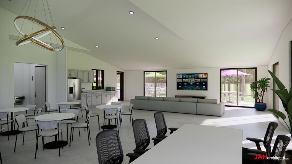 A room with tables and chairs.