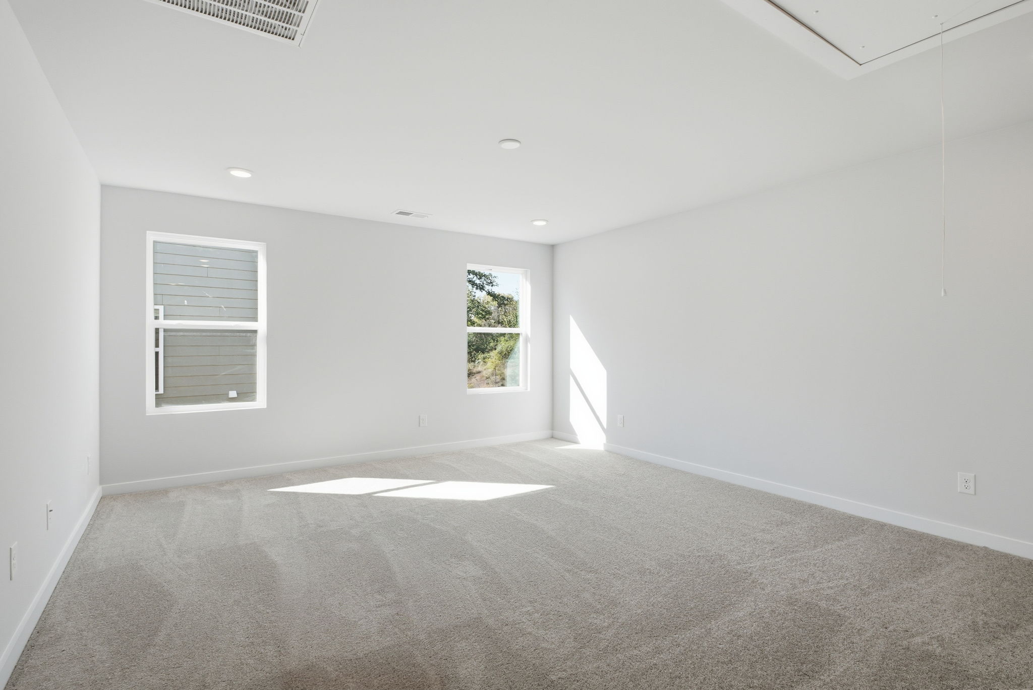 A room with a carpet and windows.