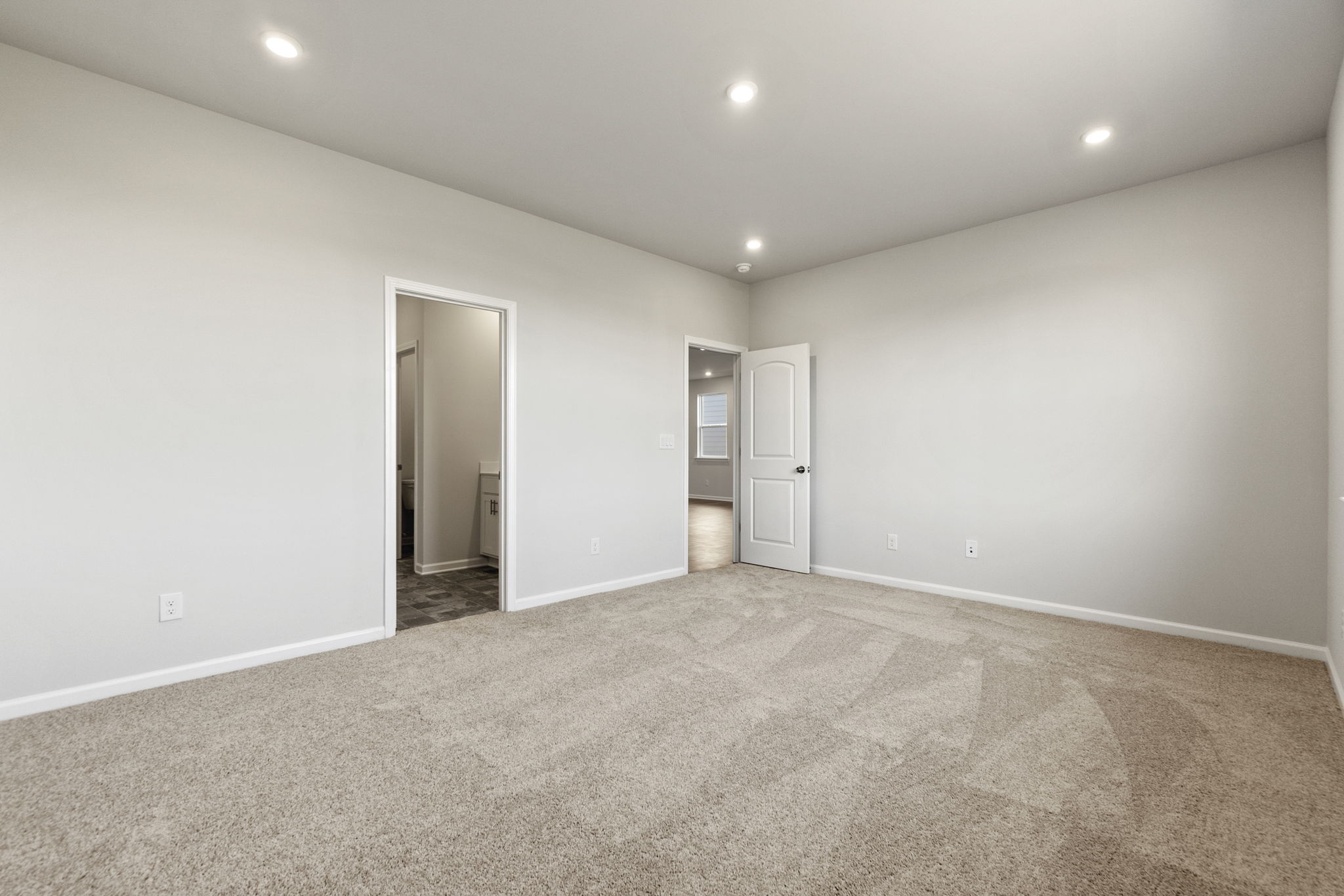 A room with a carpet and a door.