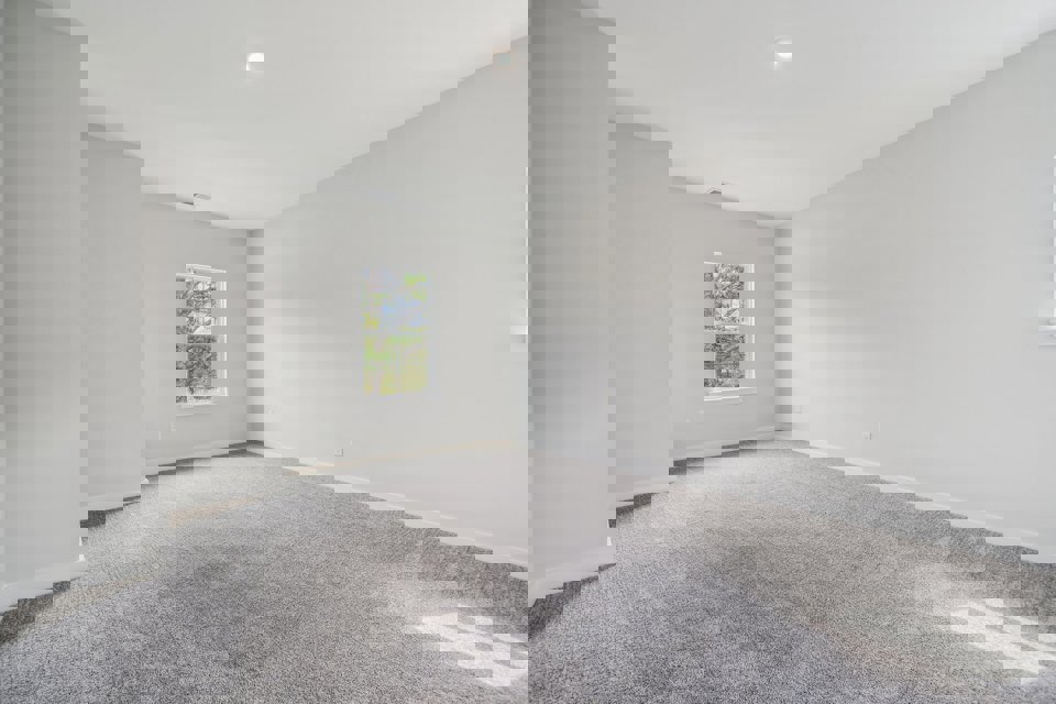 A room with a window and a carpet.