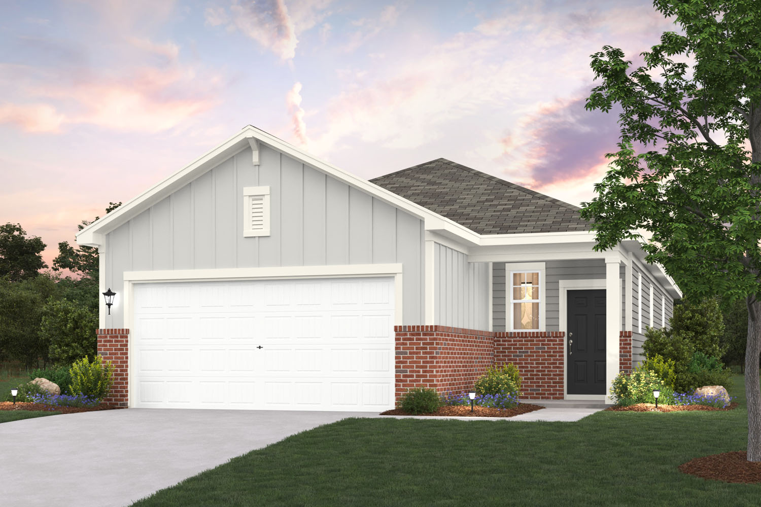 A white house with a garage.