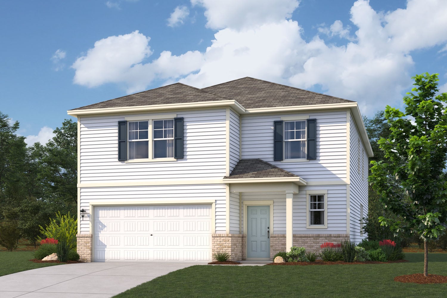 A white house with a garage.