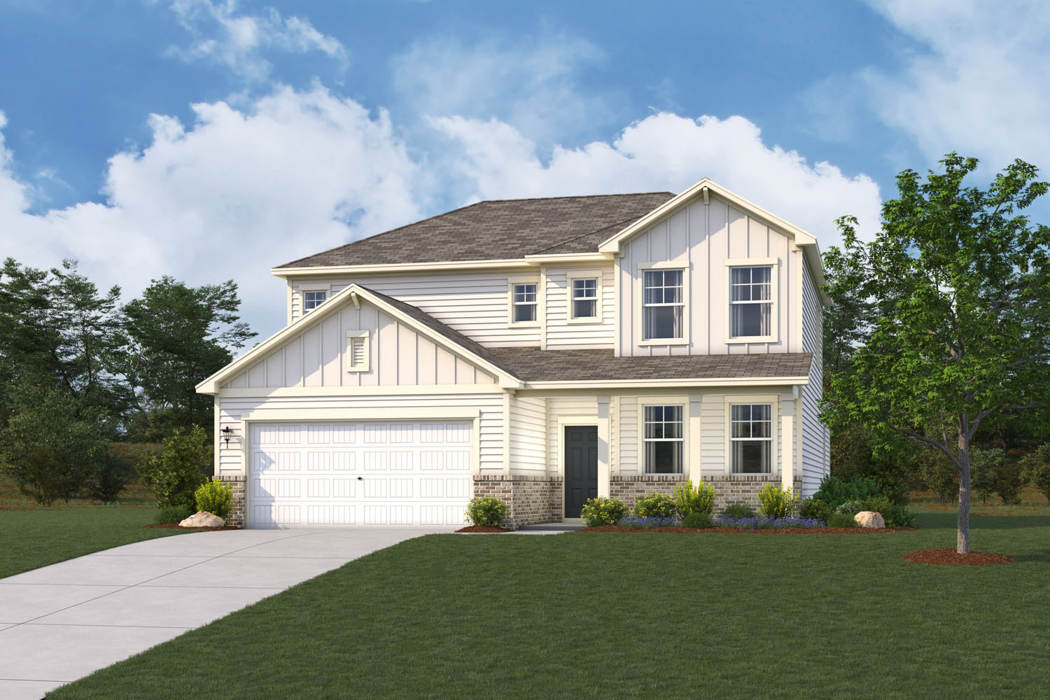 A house with a garage and trees.