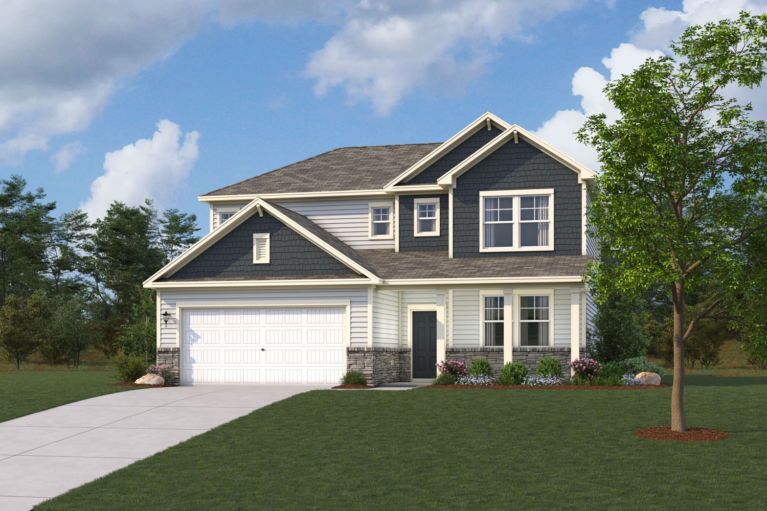 A house with a driveway and a lawn in front of it.