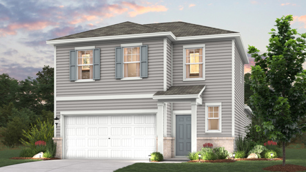 A white house with a garage.