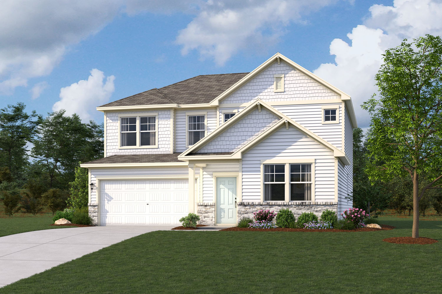 A house with a lawn and trees.