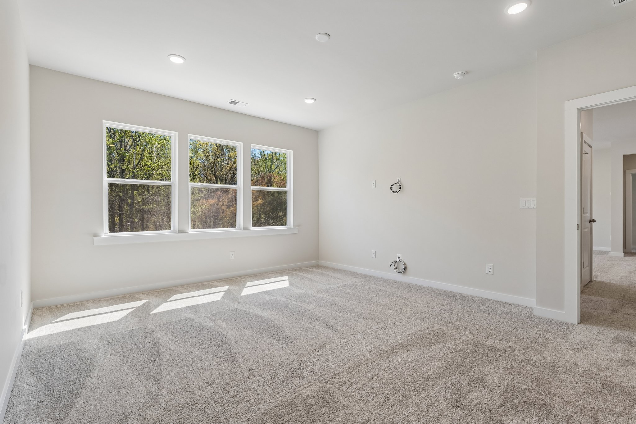 A room with a carpet and a window.