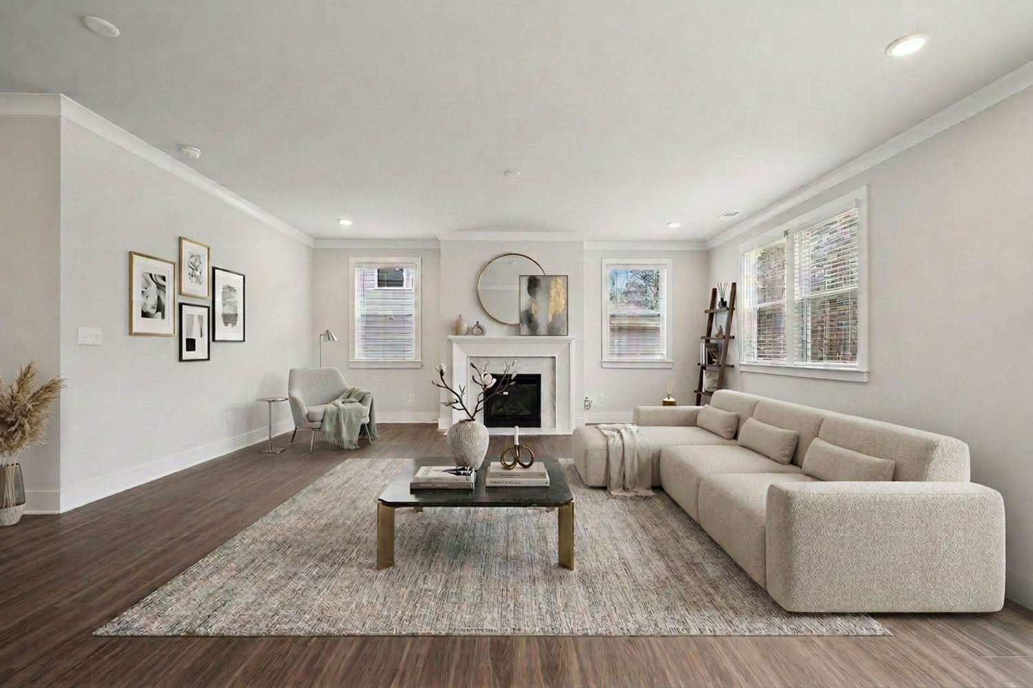A large living room with a fireplace.