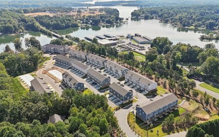 A large building with a river running through it.