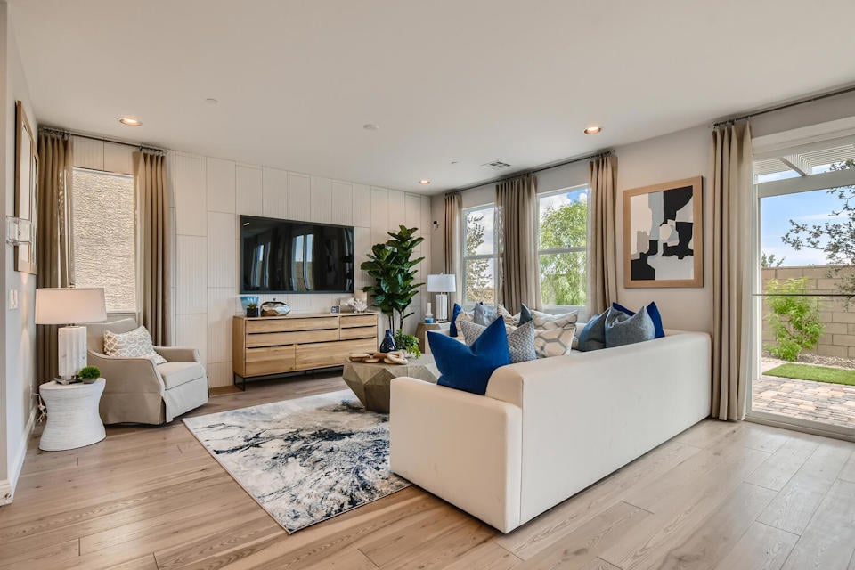 A living room with a large window.