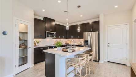 A kitchen with black cabinets.