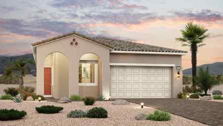 A house with a garage and palm trees.