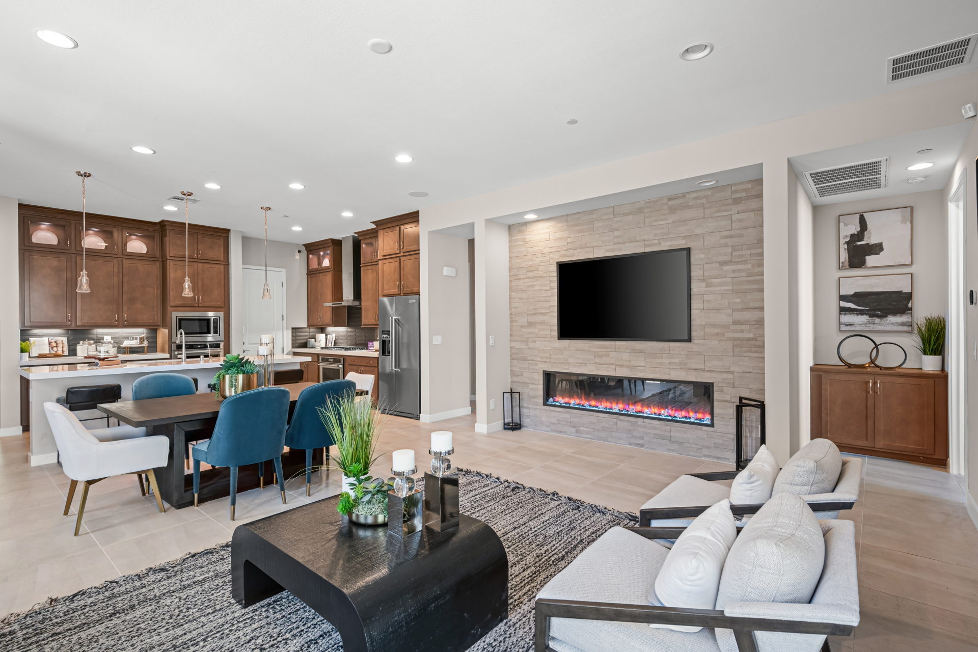 A living room with a fireplace.