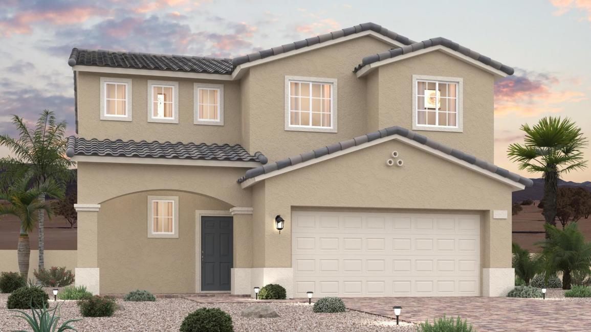 A house with a garage and palm trees.