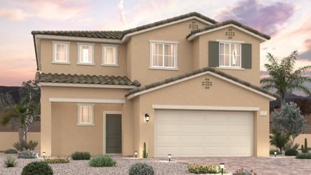 A house with a garage and trees.