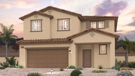 A house with a garage and palm trees.