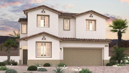 A house with a garage and palm trees.