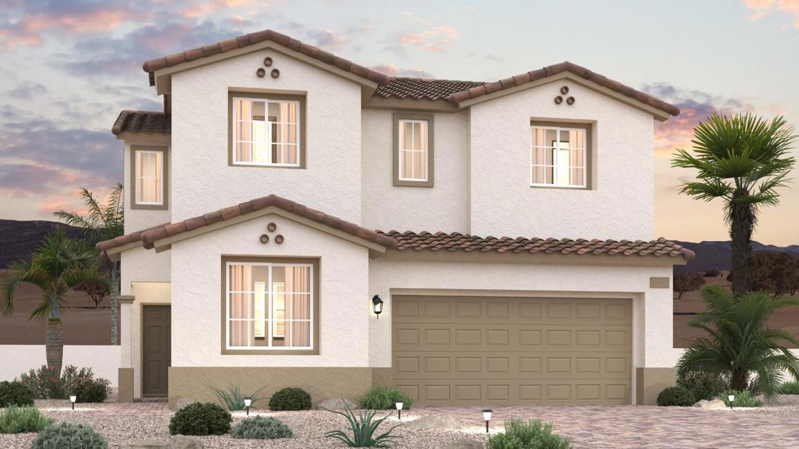 A house with a garage and palm trees.
