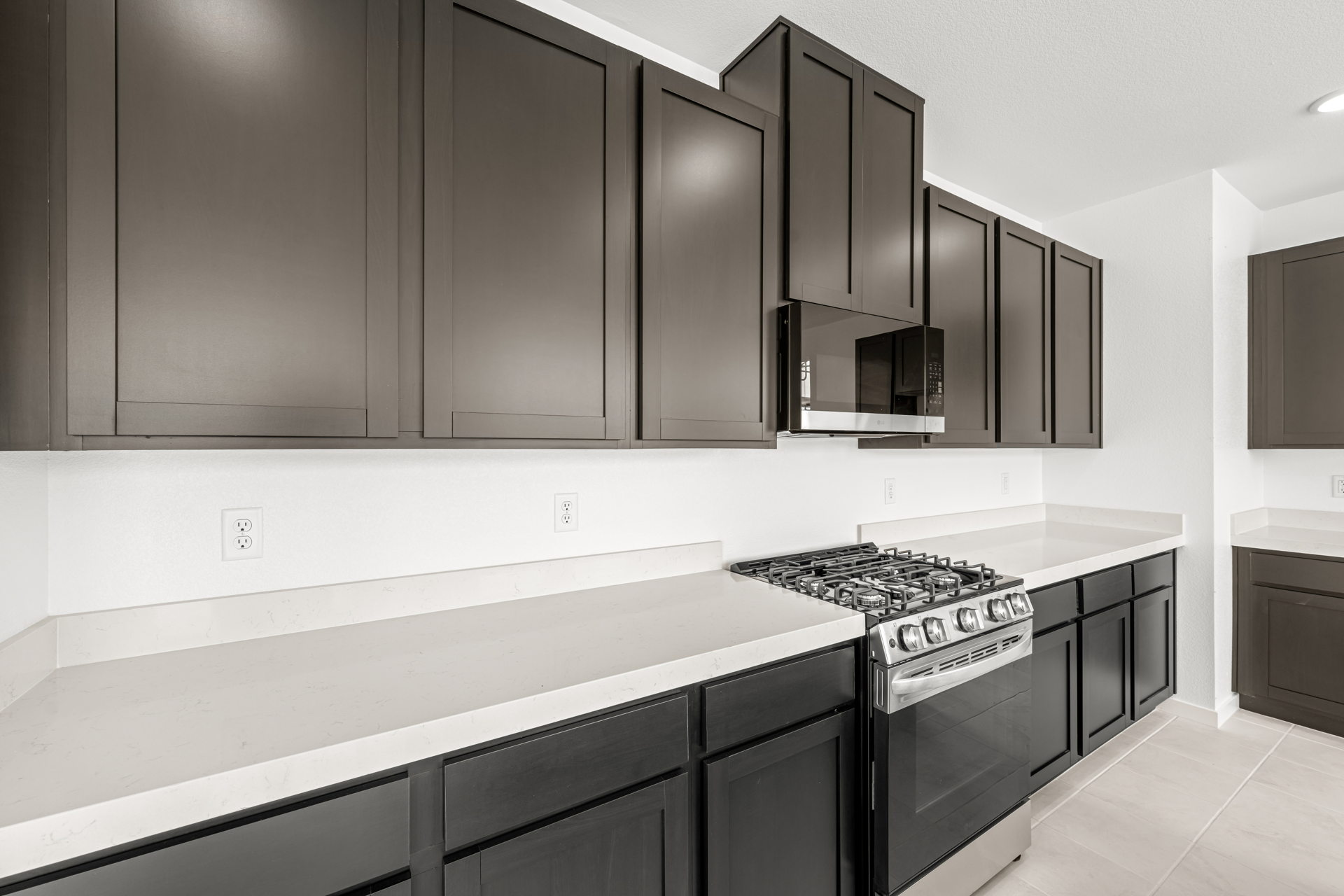 A kitchen with black cabinets.