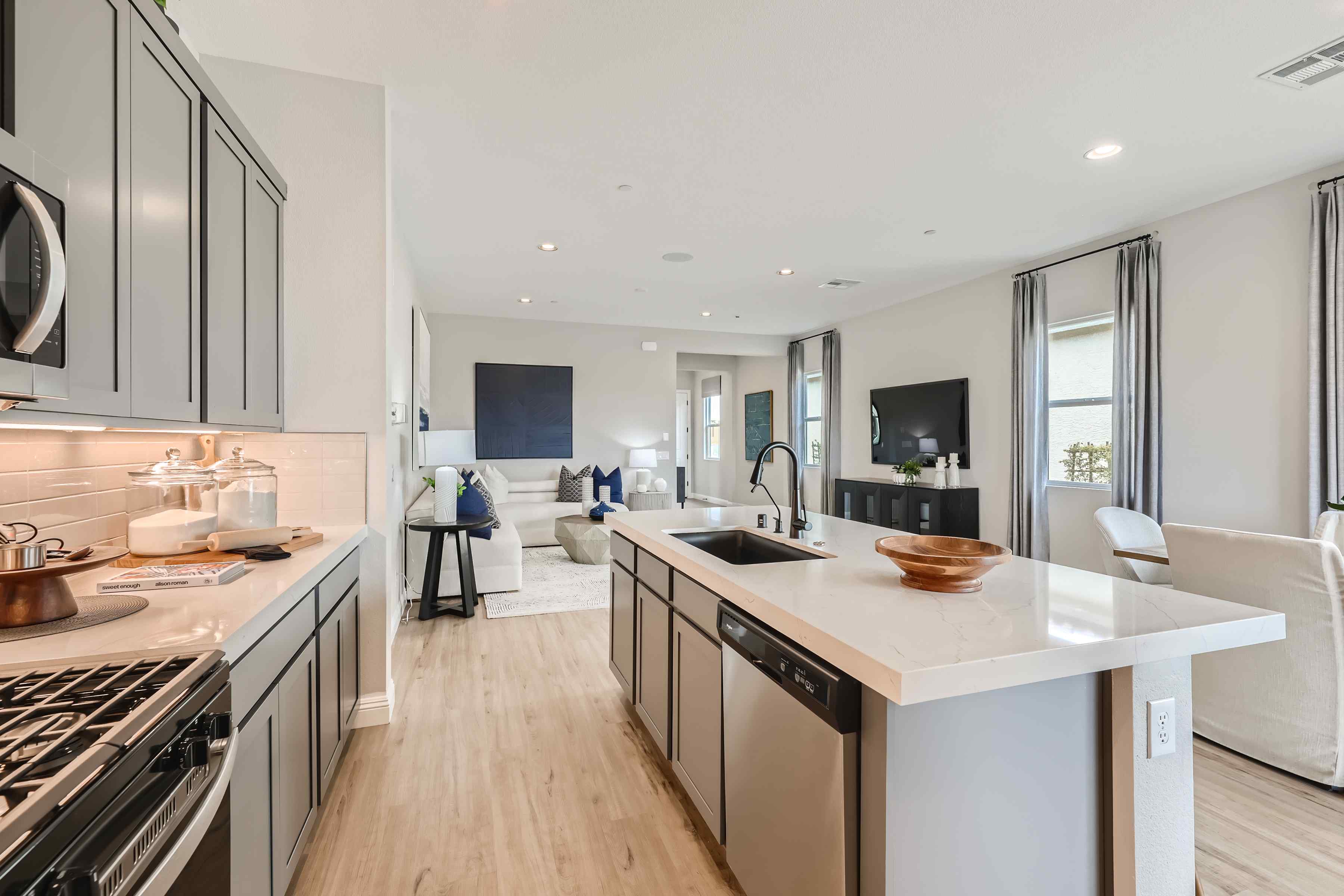 A kitchen with a large island.