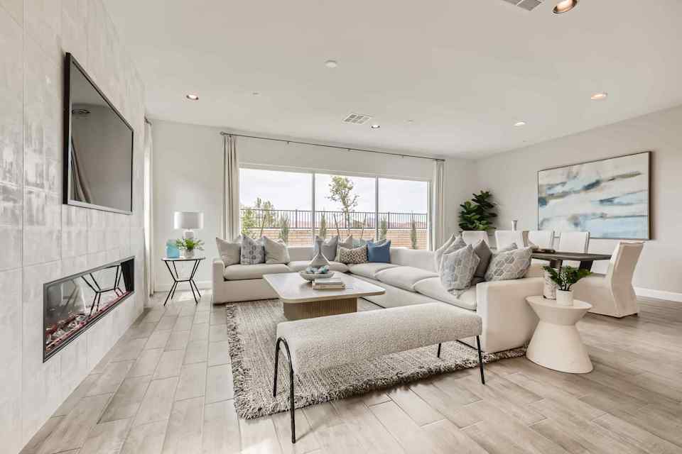 A living room with a large window.