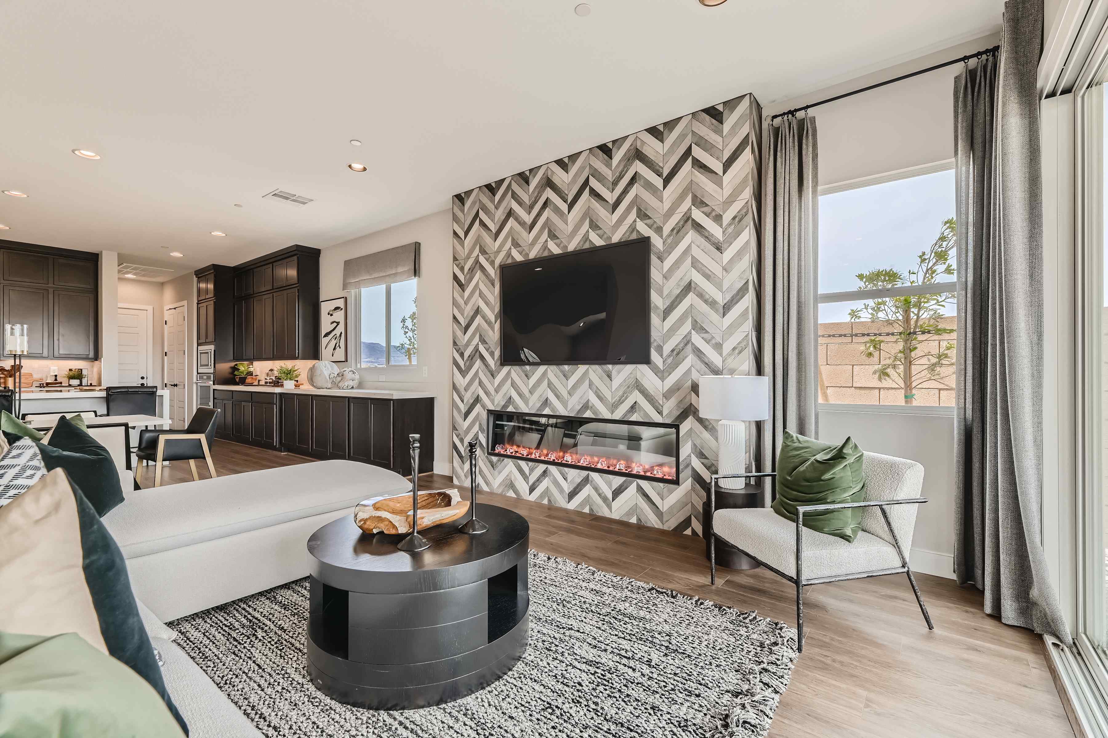 A living room with a fireplace.