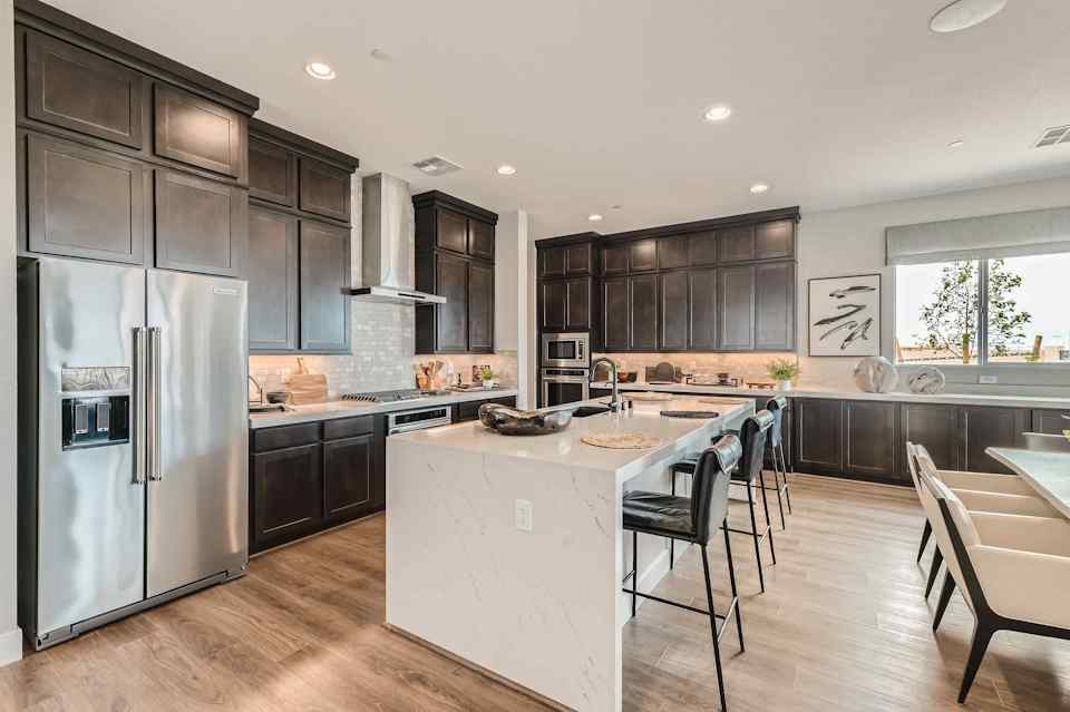 A kitchen with a large island.