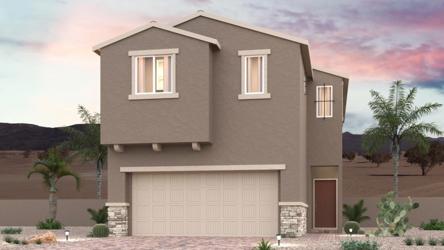 A house with a garage and palm trees.